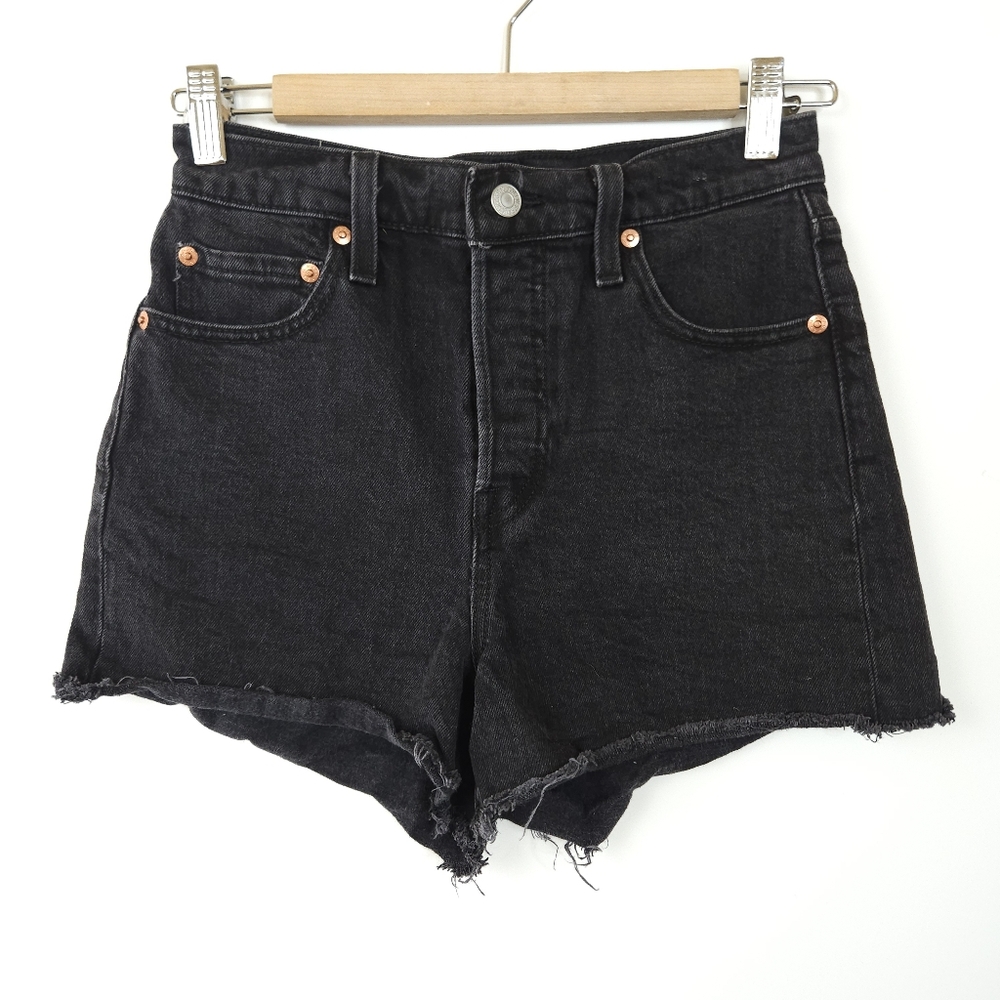 Levis Ribcage Jean Denim Shorts Black Wash High Waist Button Fly Cutoff Size 26